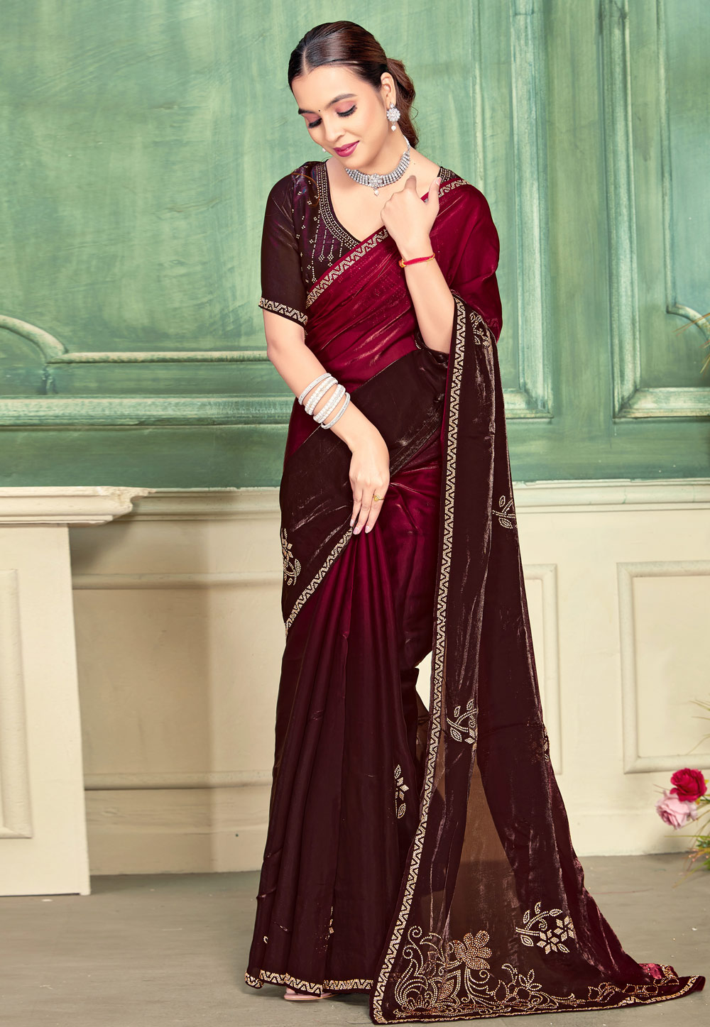 Magenta Satin Silk Saree With Blouse 319495