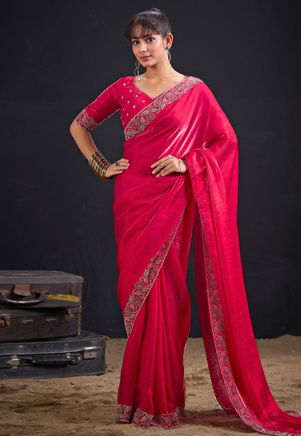 Magenta Satin Silk Saree With Blouse 327596