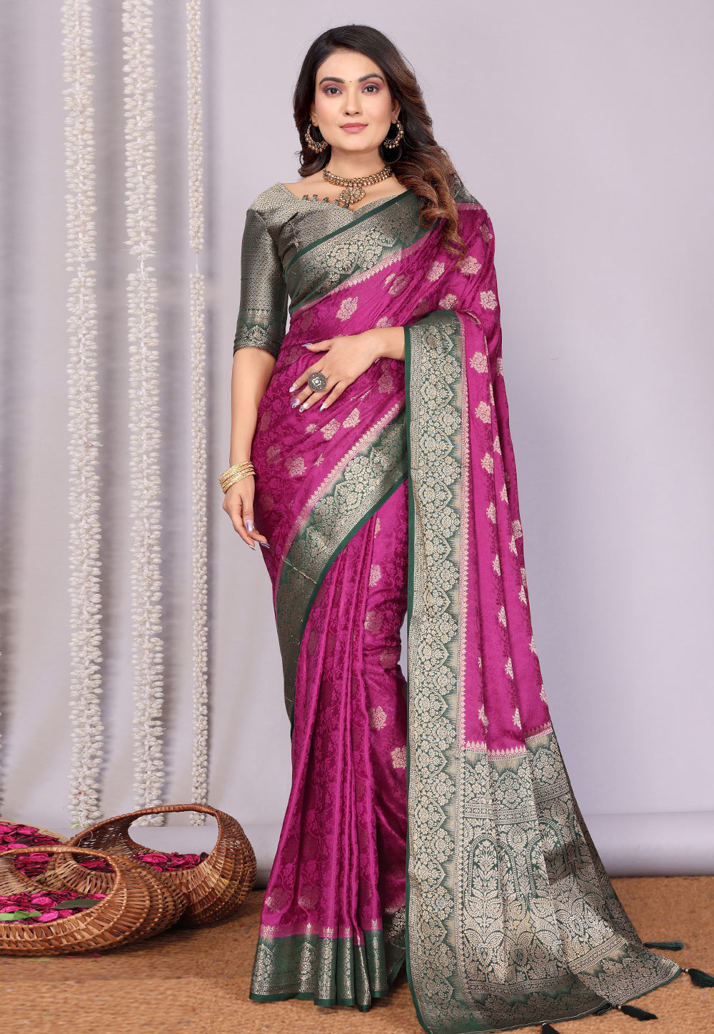 Magenta Satin Silk Saree With Blouse 312504