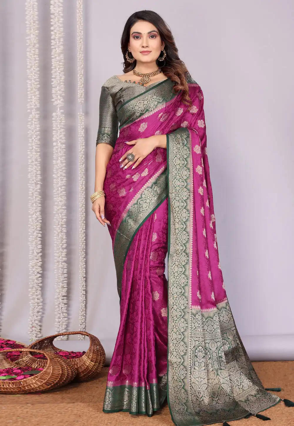 Magenta Satin Silk Saree With Blouse 312504