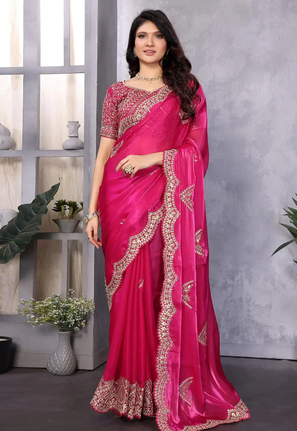 Magenta Shimmer Chiffon Saree With Blouse 316151