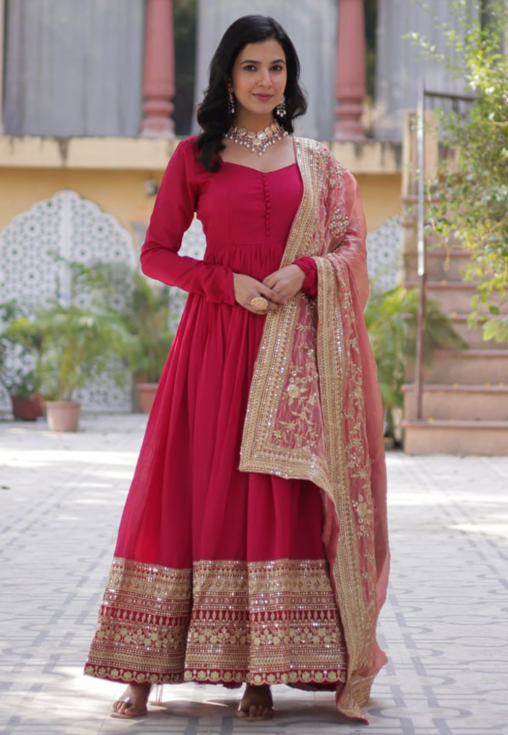 Magenta Shimmer Readymade Anarkali Suit 306333