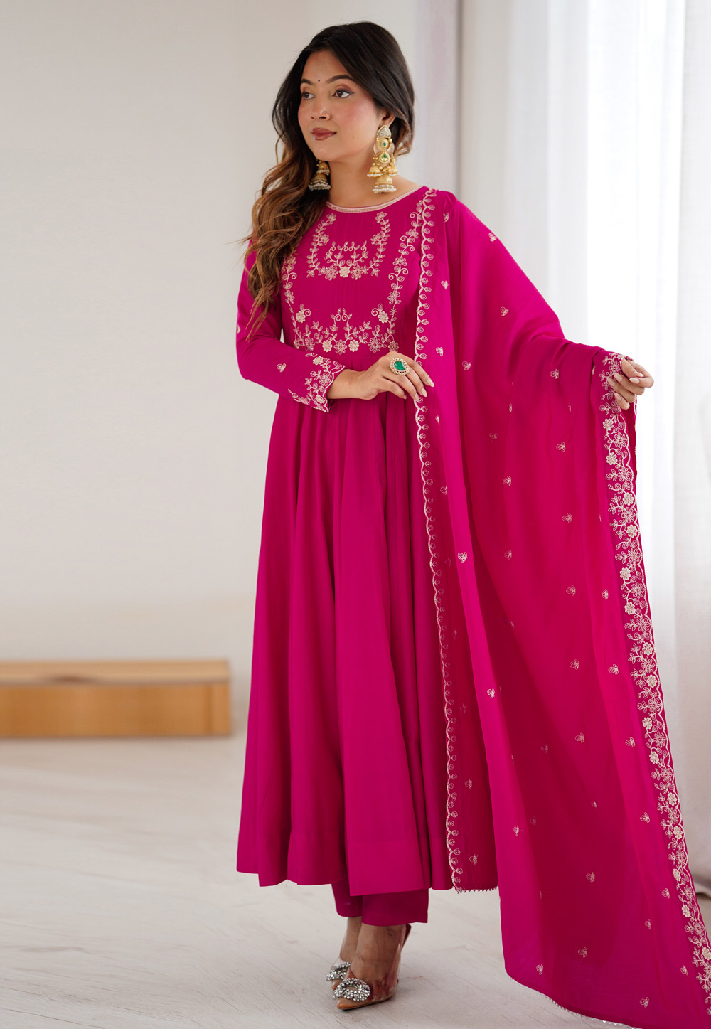 Magenta Shimmer Readymade Anarkali Suit 321217