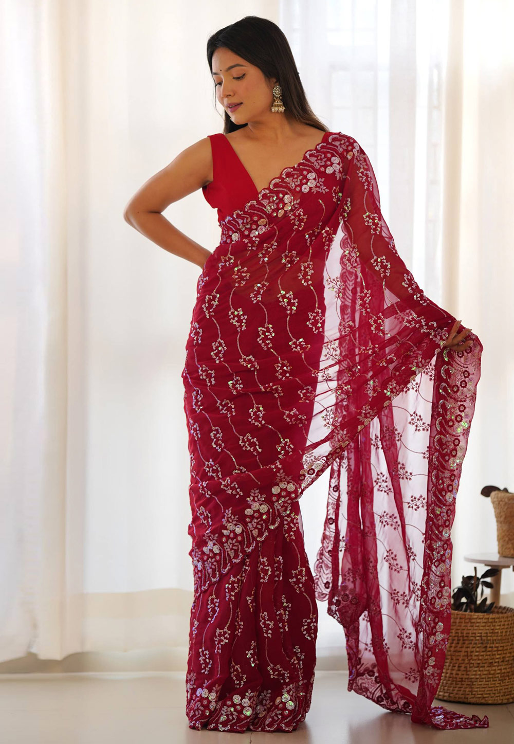 Magenta Shimmer Sequence Saree 319606