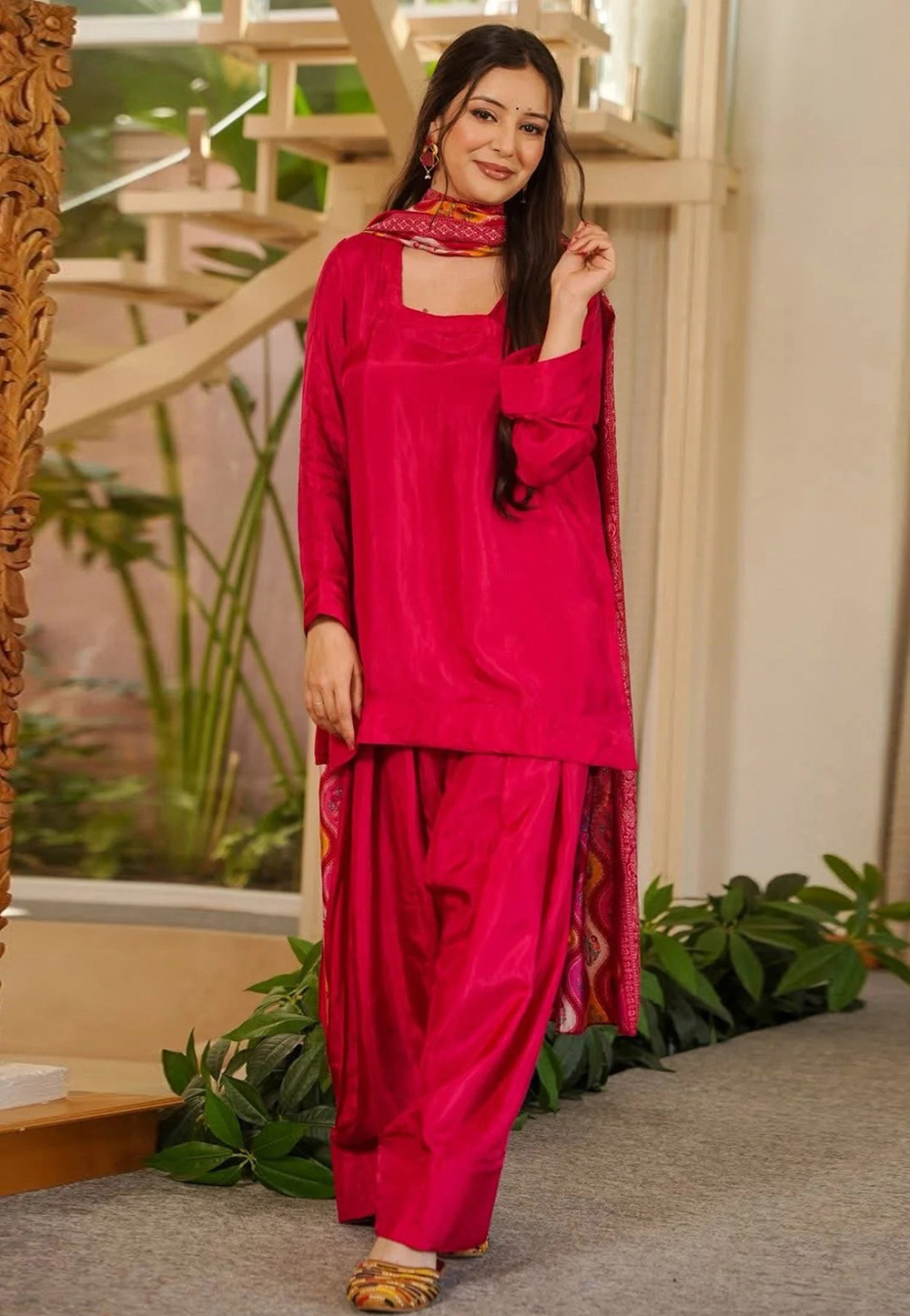 Magenta Silk Crepe Readymade Patiala Suit 329023