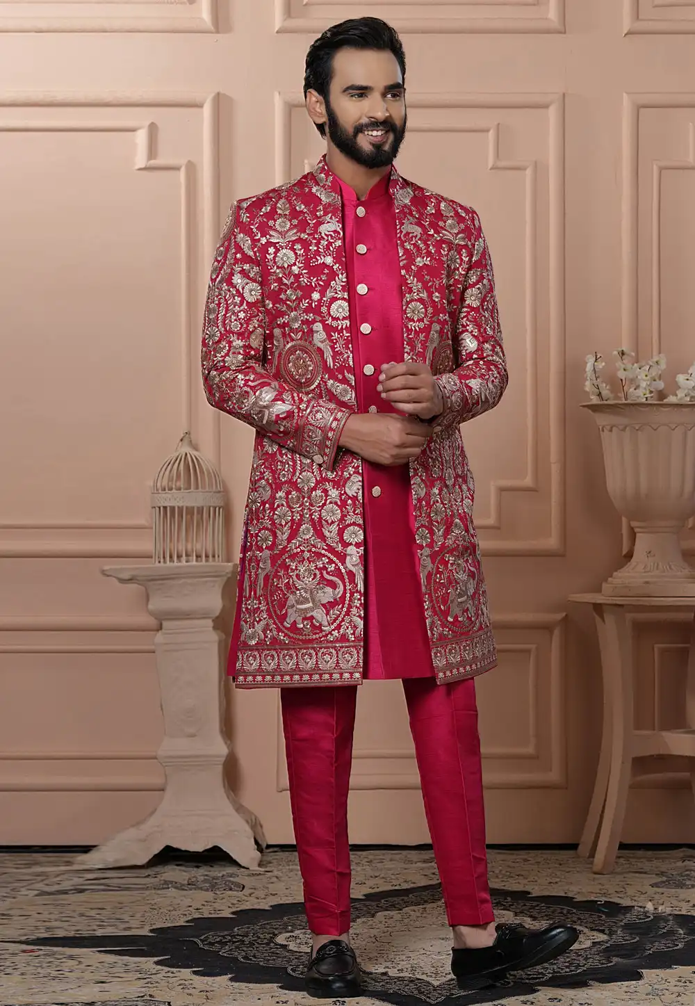 Magenta Silk Jacket Style Sherwani 315063