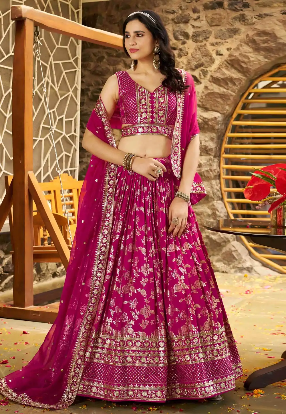 Magenta Silk Jacquard Circular Lehenga Choli 312566