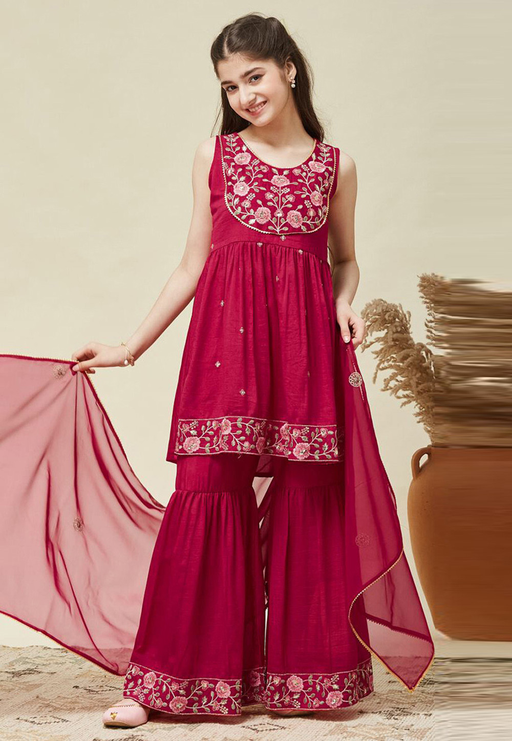 Magenta Silk Kids Sharara Suit 323613