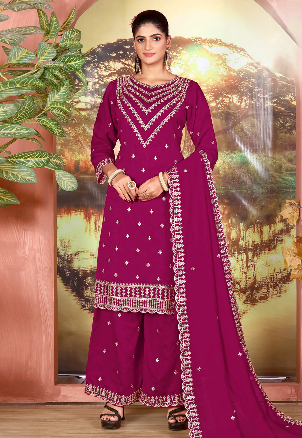 Magenta Silk Palazzo Suit 324754