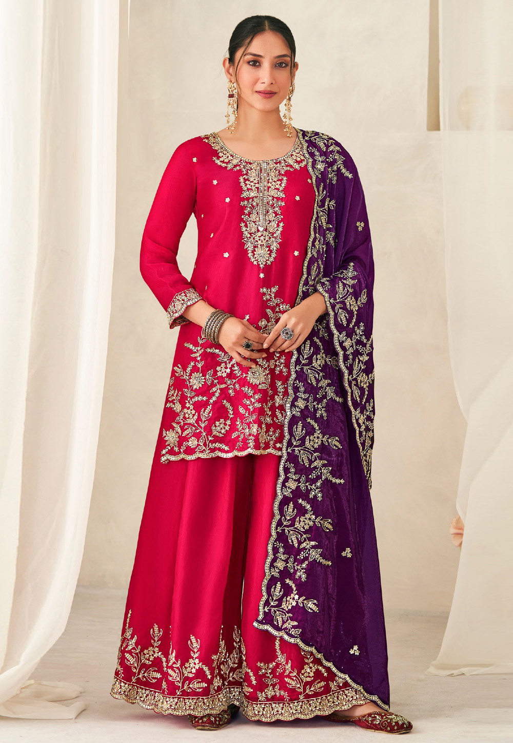 Magenta Silk Palazzo Suit 322716