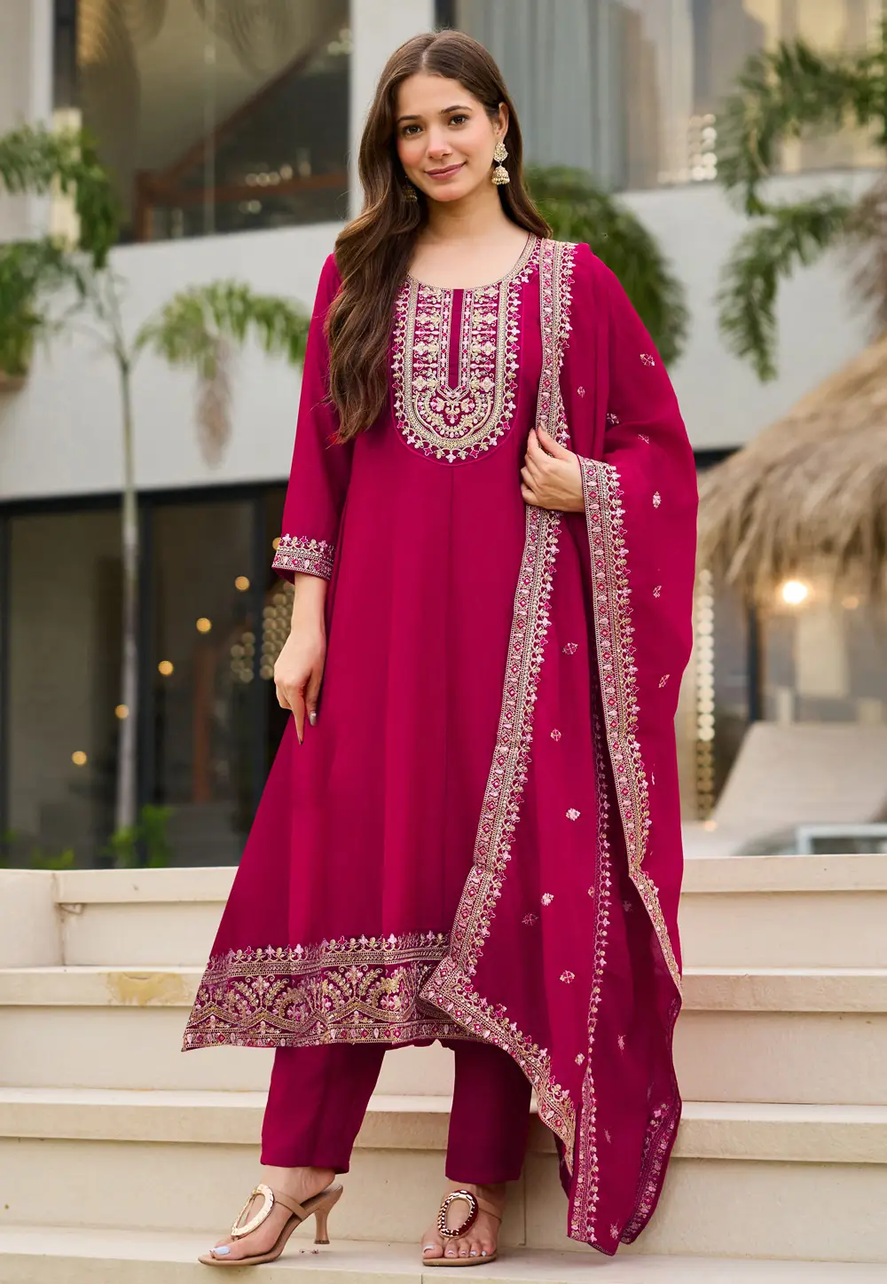 Magenta Silk Readymade Anarkali Suit 331038