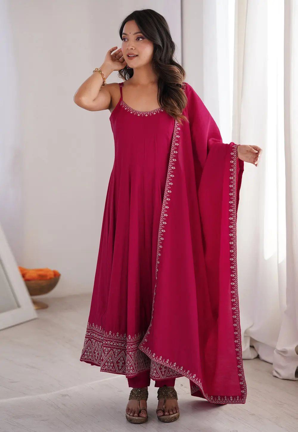 Magenta Silk Readymade Anarkali Suit 331814
