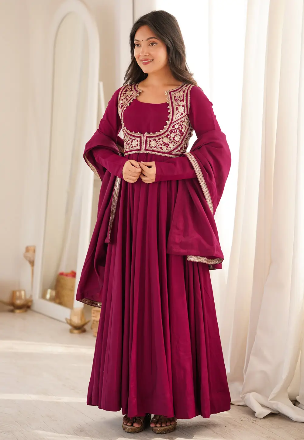 Magenta Silk Readymade Anarkali Suit 333600