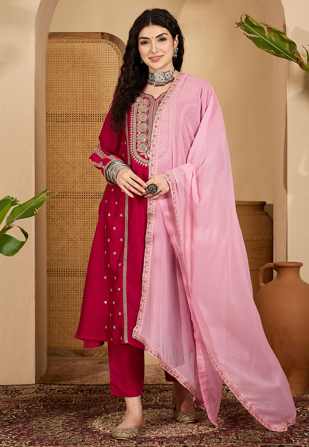 Magenta Silk Readymade Anarkali Suit 329567