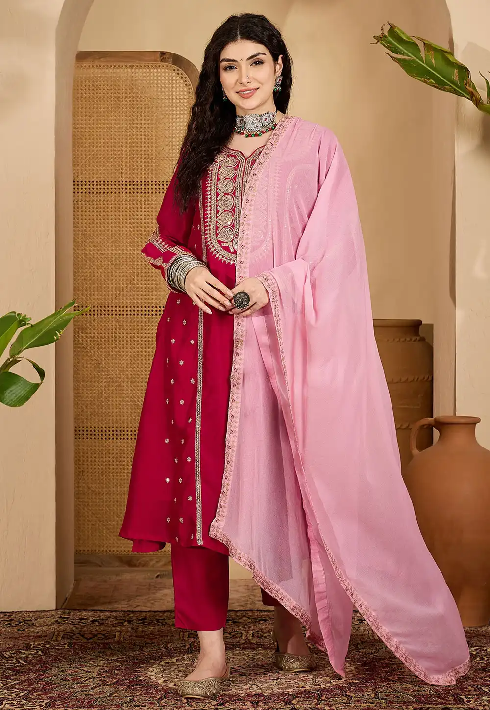 Magenta Silk Readymade Anarkali Suit 329567