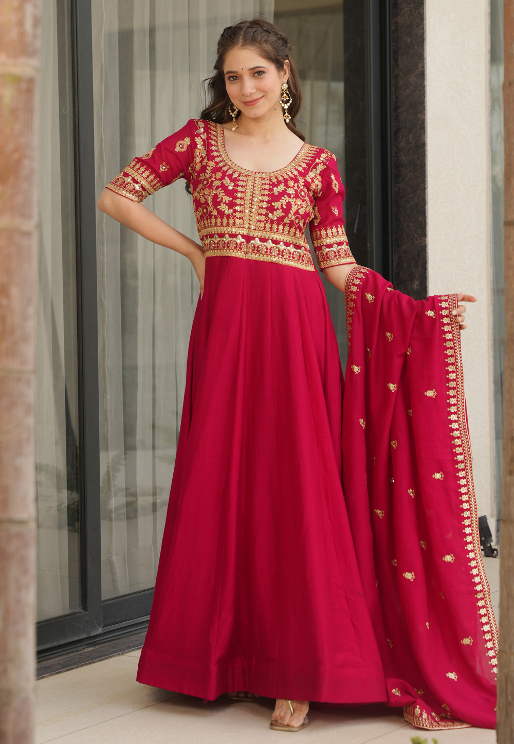 Magenta Silk Readymade Anarkali Suit 309344