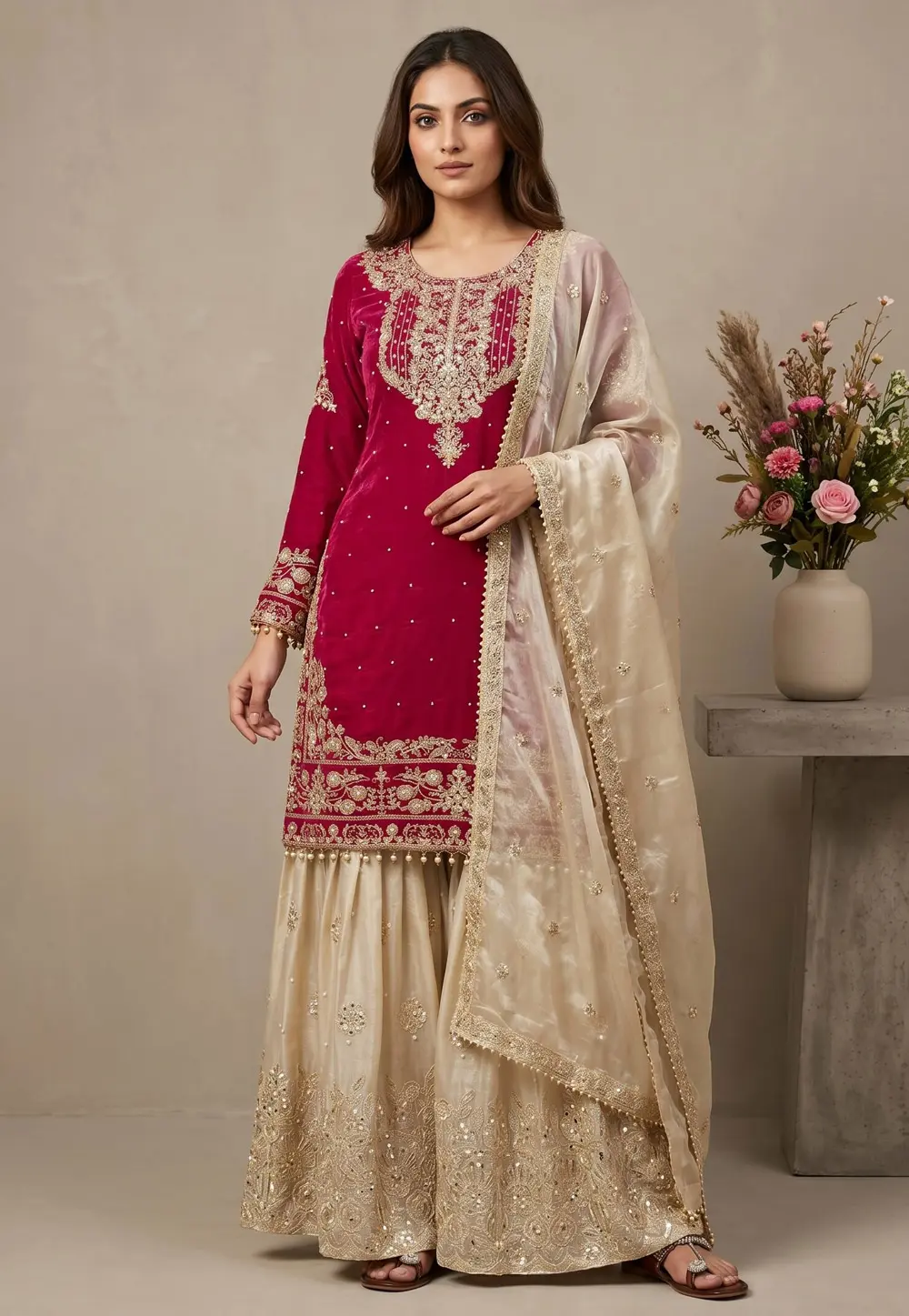 Magenta Silk Readymade Gharara Suit 331998
