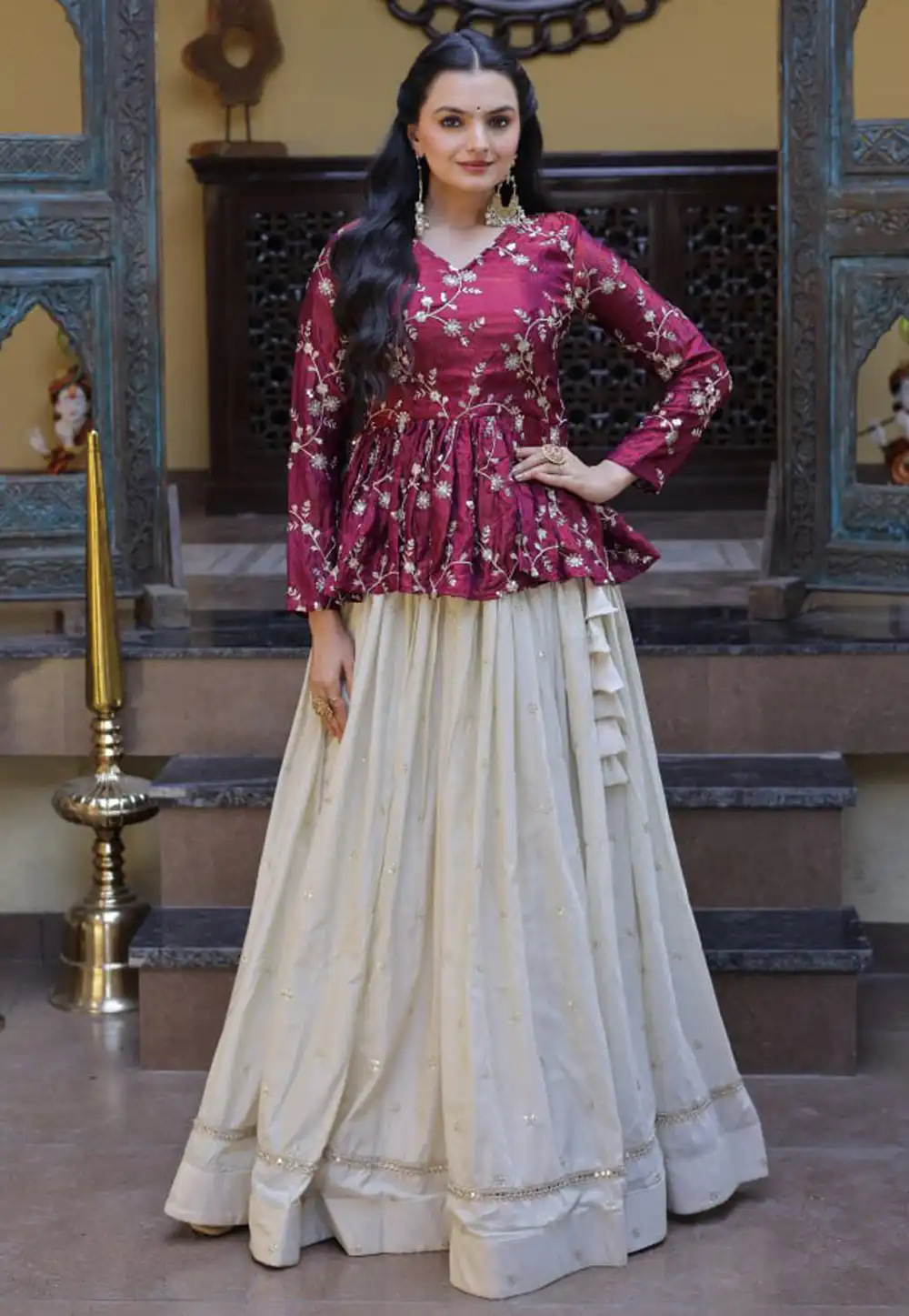 Magenta Silk Readymade Indo Western Lehenga Choli 327720