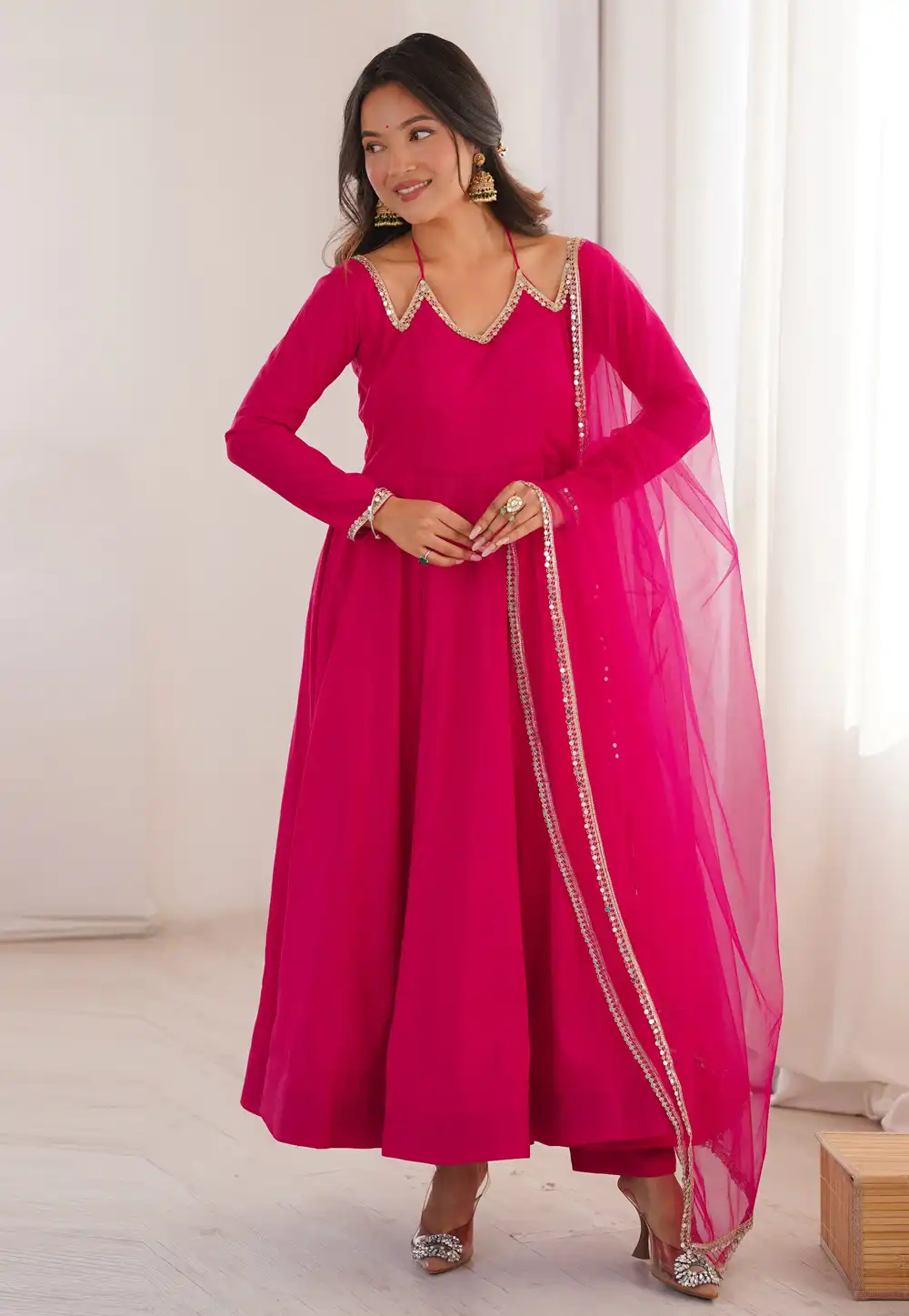 Magenta Silk Readymade Long Anarkali Suit 324740
