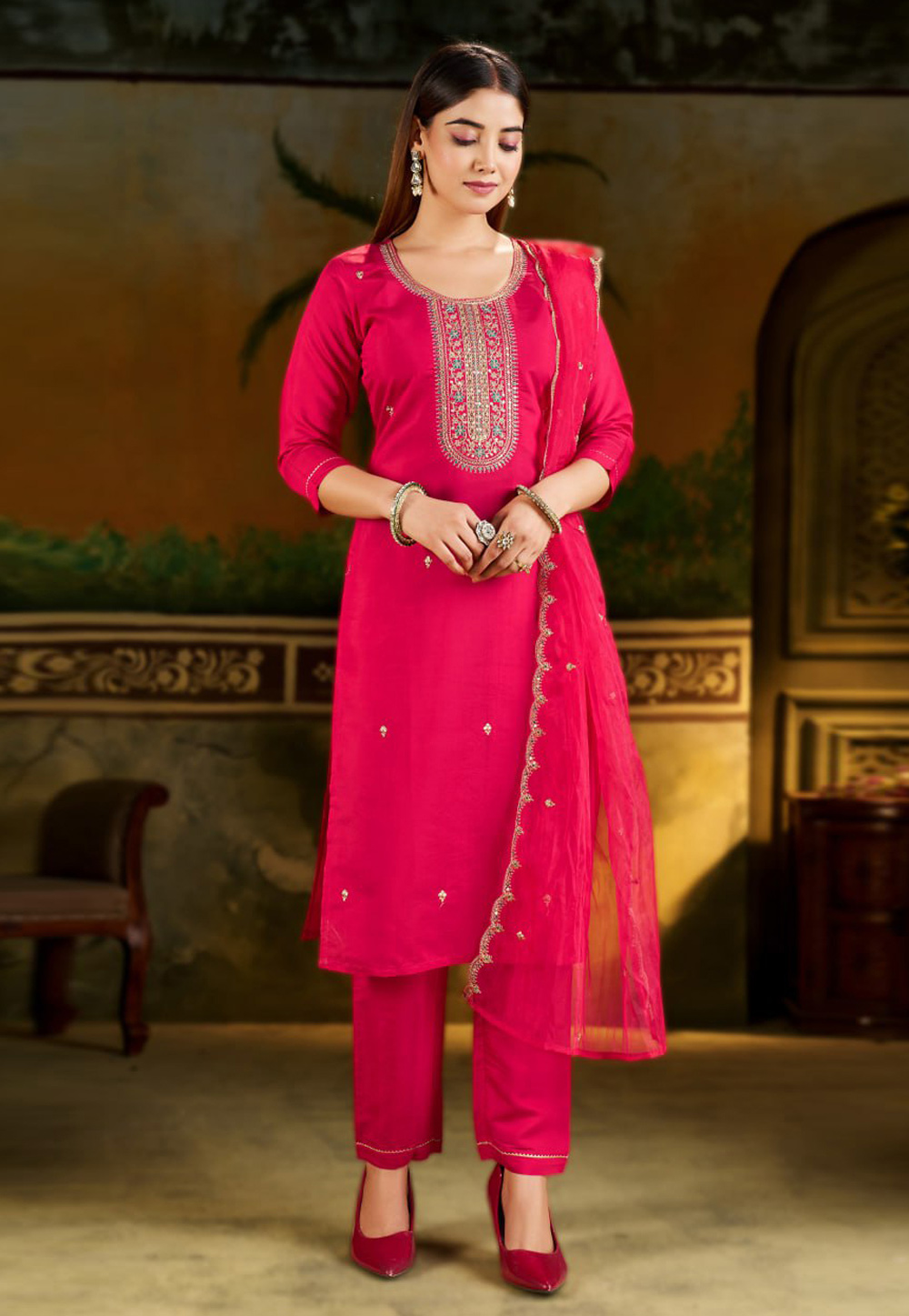 Magenta Silk Readymade Pakistani Suit 321455