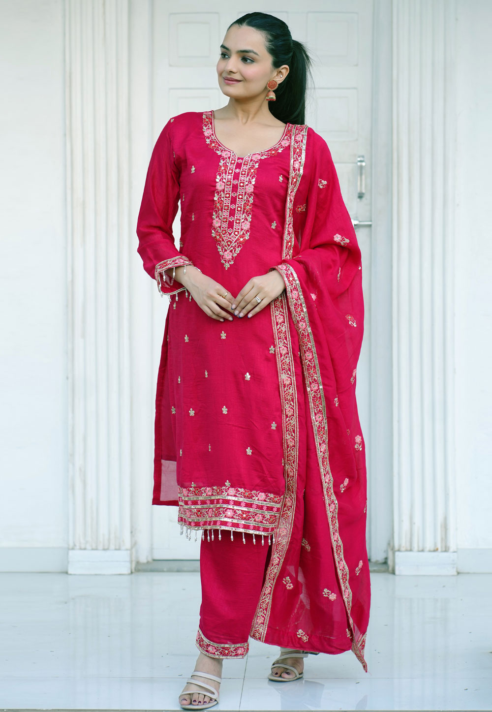 Magenta Silk Readymade Pakistani Suit 306335