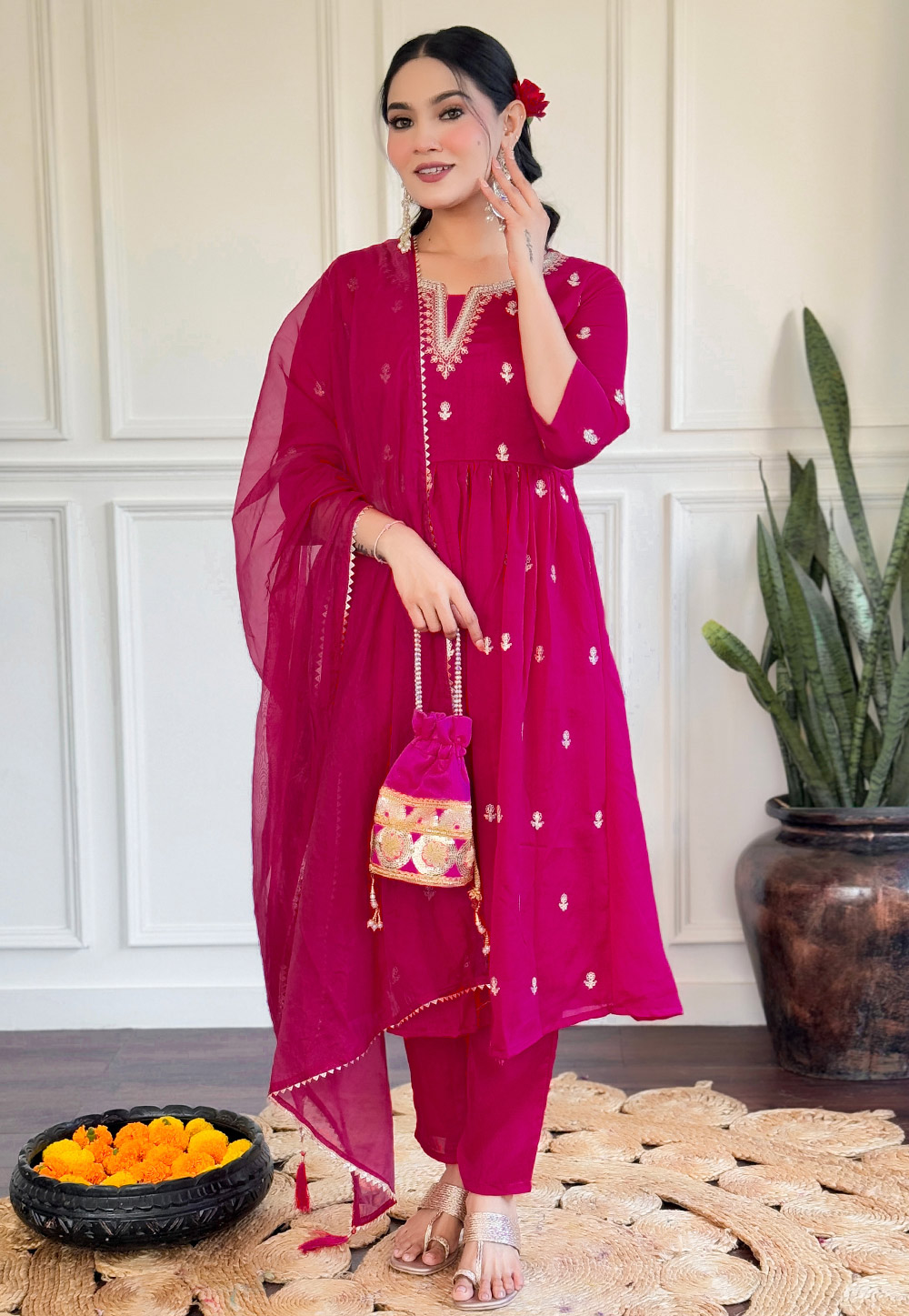 Magenta Silk Readymade Pakistani Suit 311337