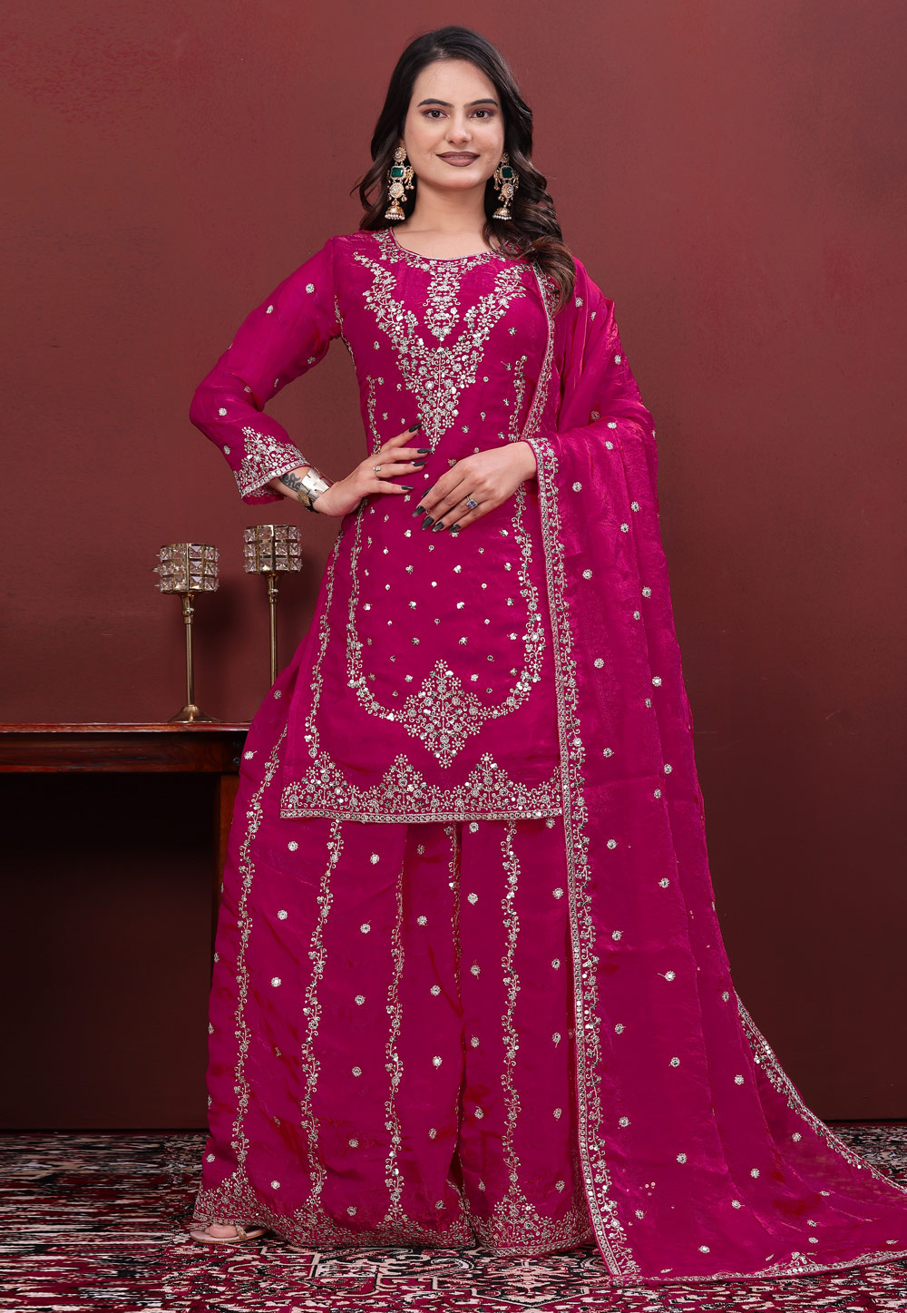 Magenta Silk Readymade Pakistani Suit 329433