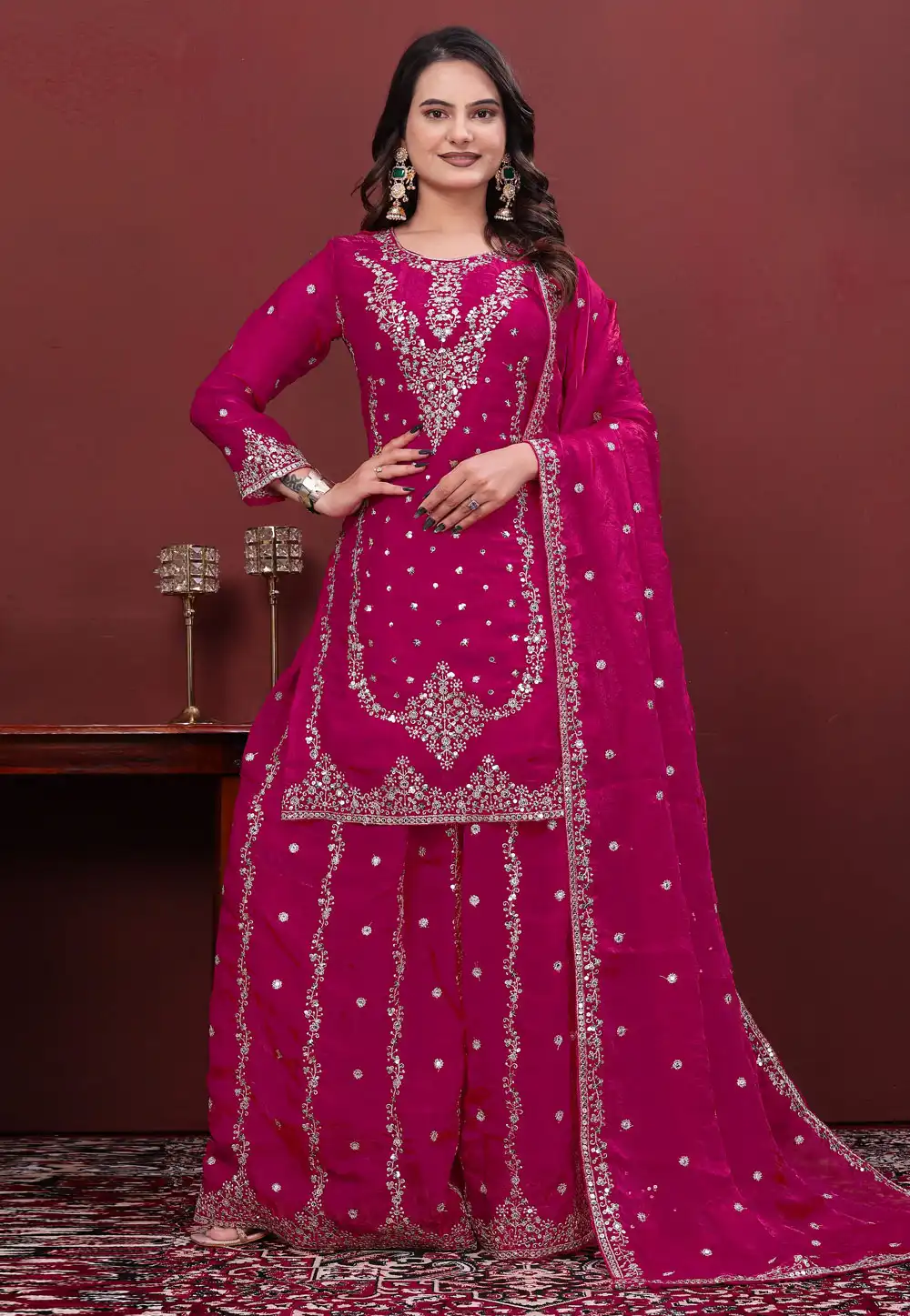 Magenta Silk Readymade Pakistani Suit 329433