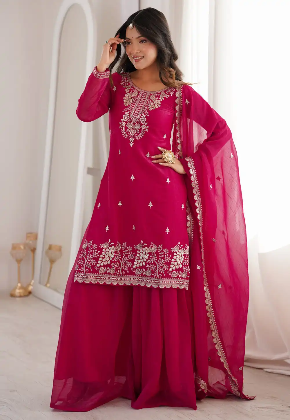 Magenta Silk Readymade Pakistani Suit 325479