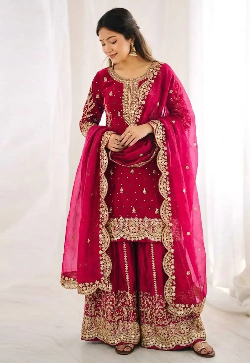 Magenta Silk Readymade Pakistani Suit 329099
