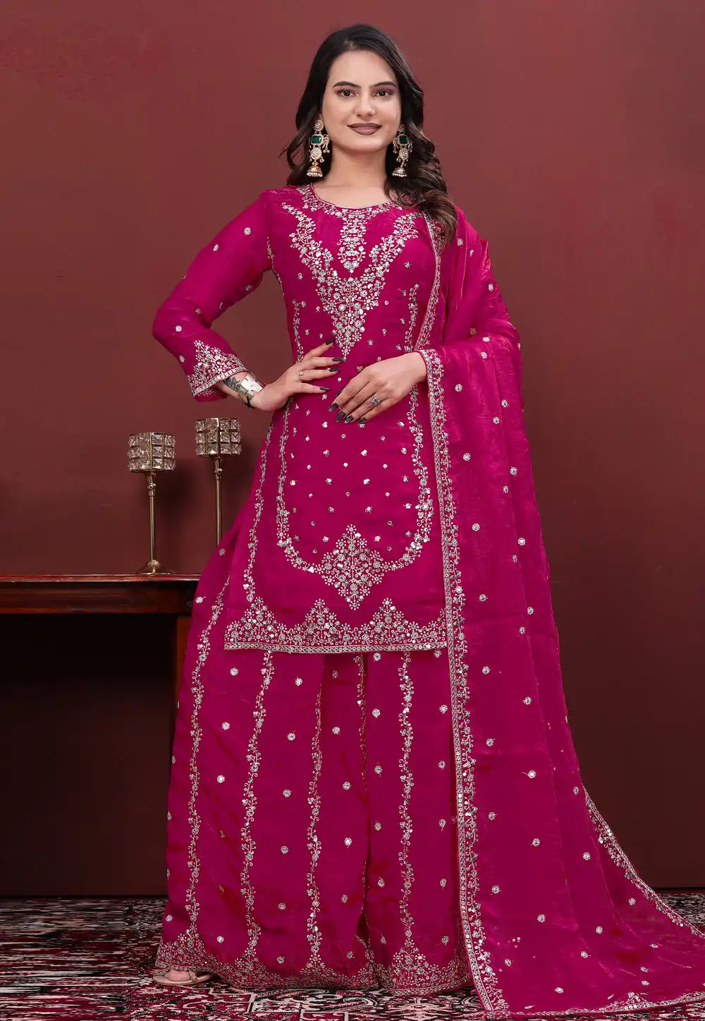 Magenta Silk Readymade Palazzo Suit 330428