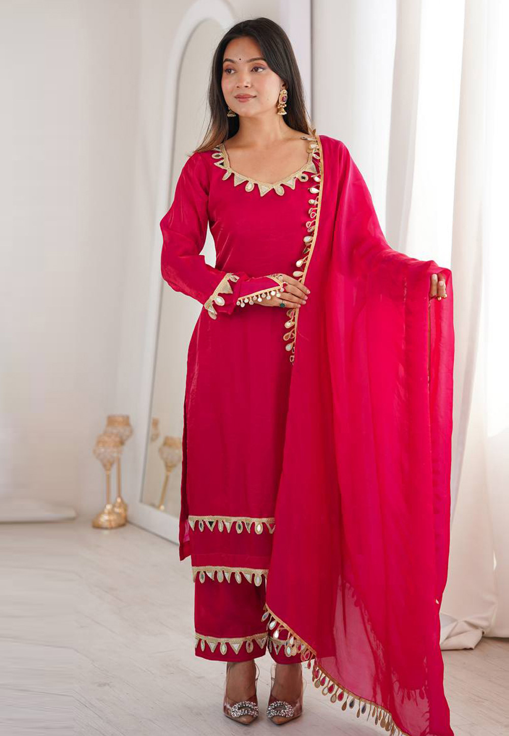 Magenta Silk Readymade Palazzo Suit 326175