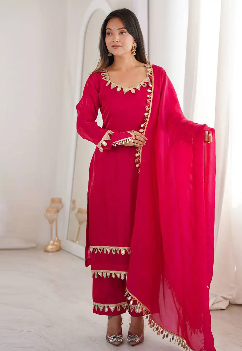 Magenta Silk Readymade Palazzo Suit 326175