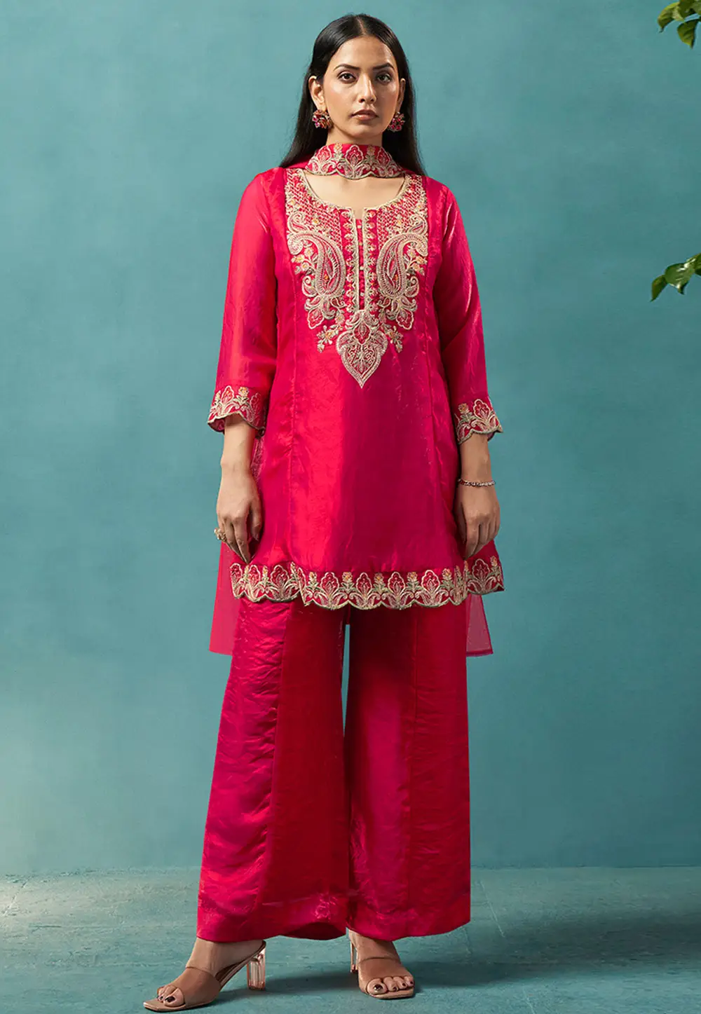 Magenta Silk Readymade Palazzo Suit 334230