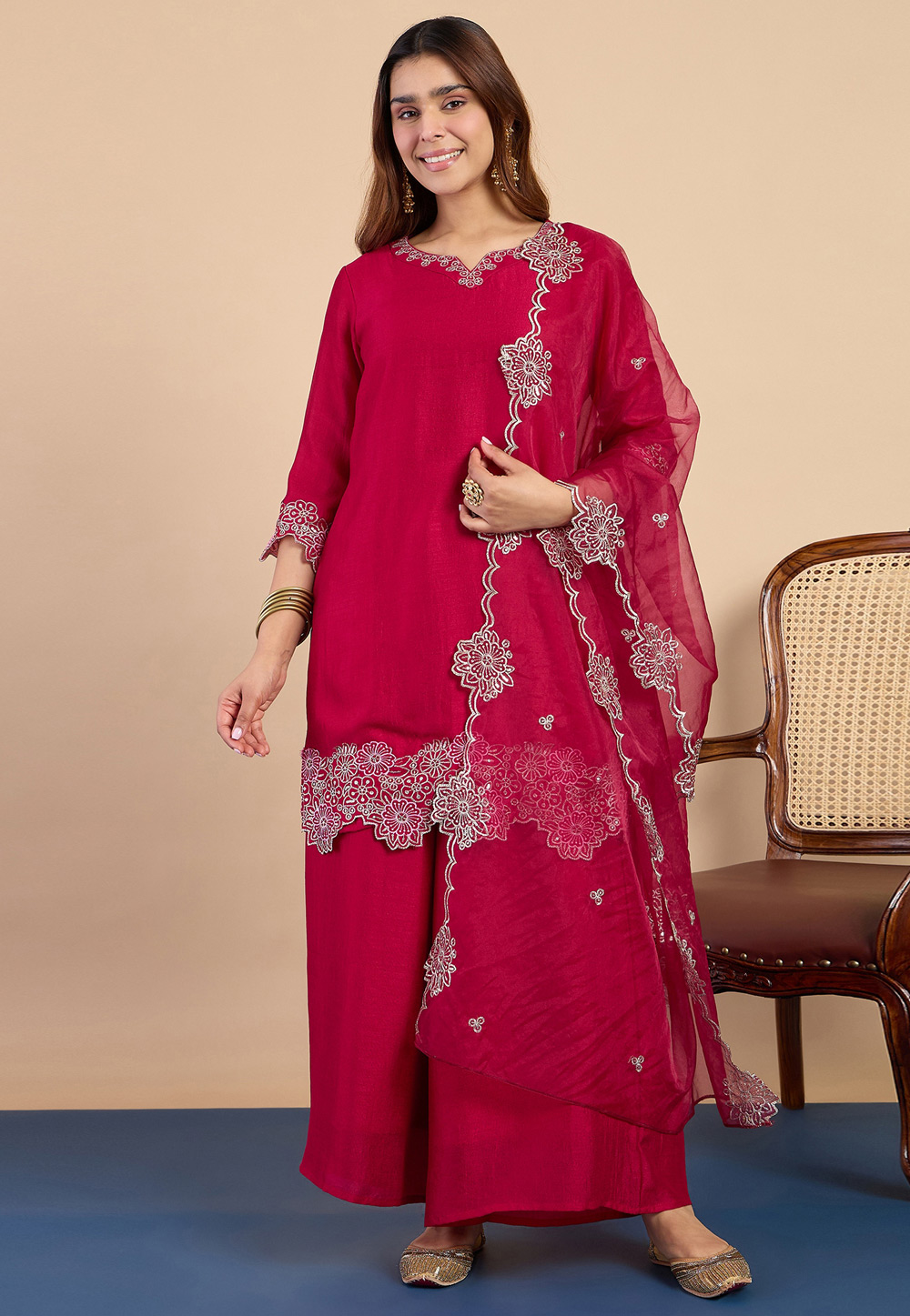 Magenta Silk Readymade Palazzo Suit 329576