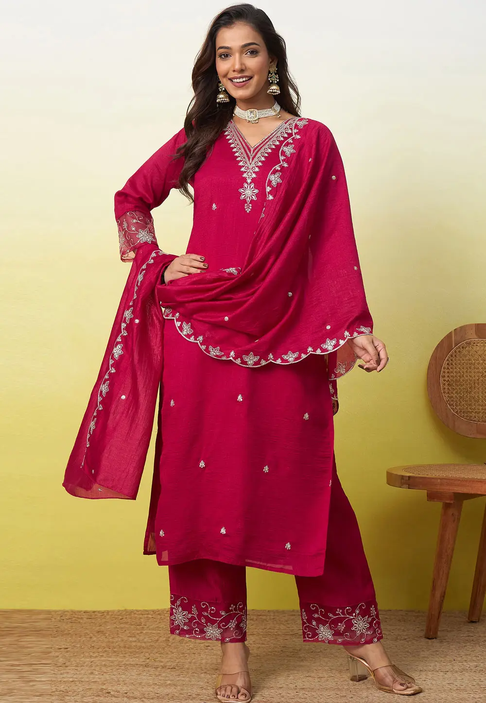 Magenta Silk Readymade Palazzo Suit 333788