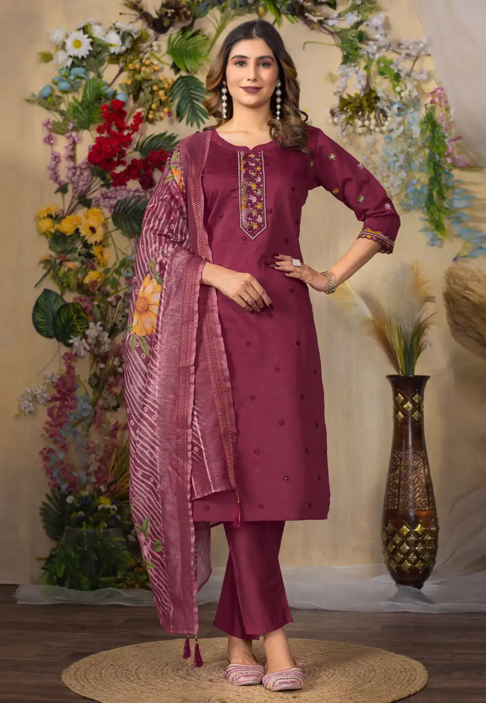 Magenta Silk Readymade Pant Style Suit 313386