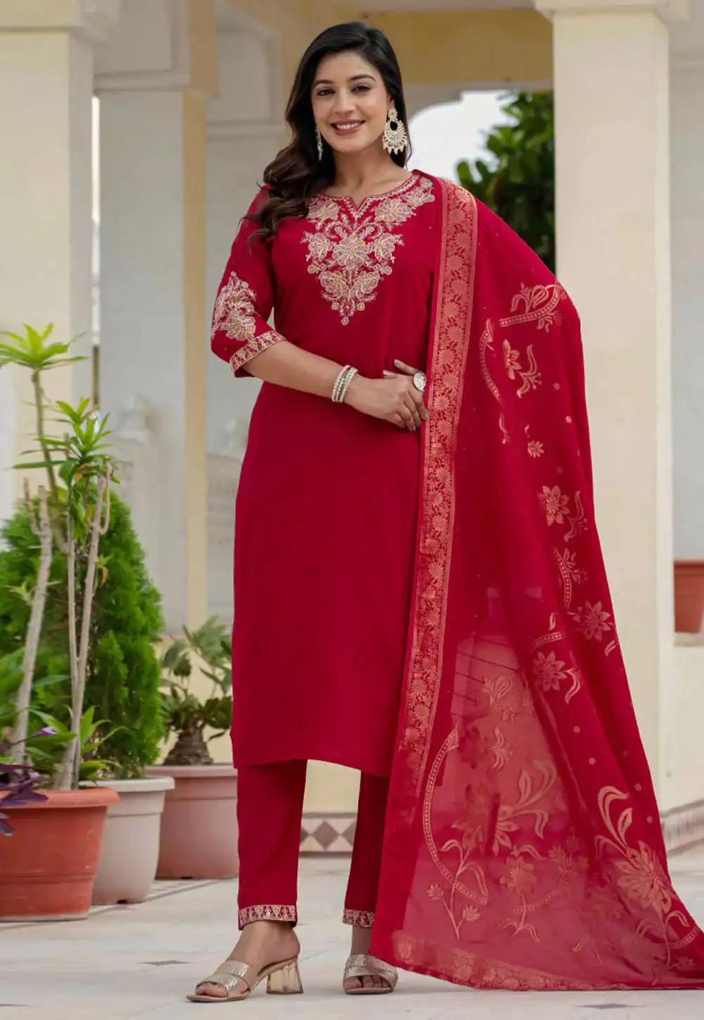 Magenta Silk Readymade Pant Style Suit 317453