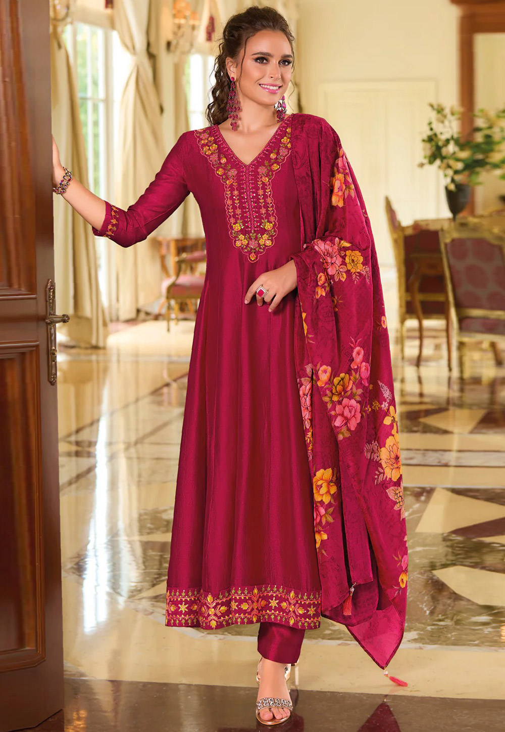 Magenta Silk Readymade Pant Style Suit 307125