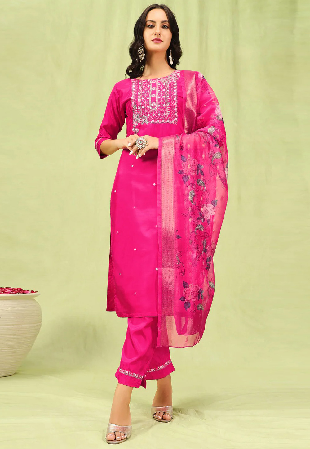 Magenta Silk Readymade Pant Style Suit 307296