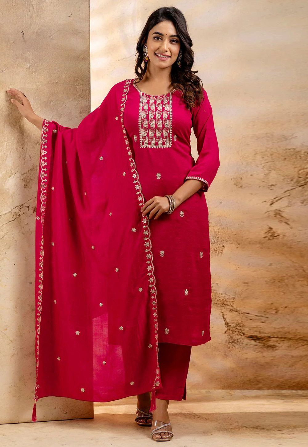 Magenta Silk Readymade Pant Style Suit 308084
