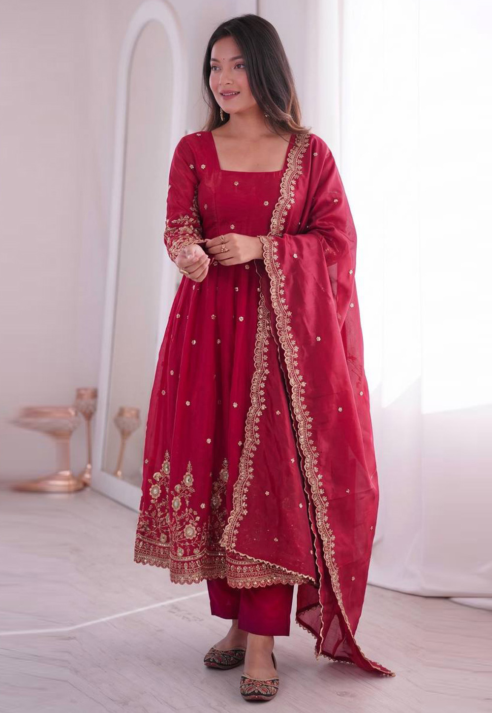 Magenta Silk Readymade Pant Style Suit 329666