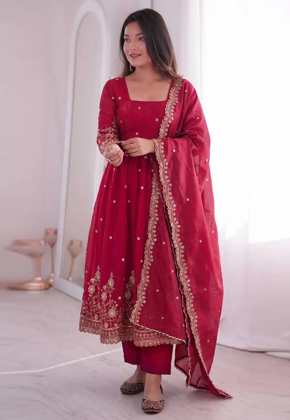Magenta Silk Readymade Pant Style Suit 329666