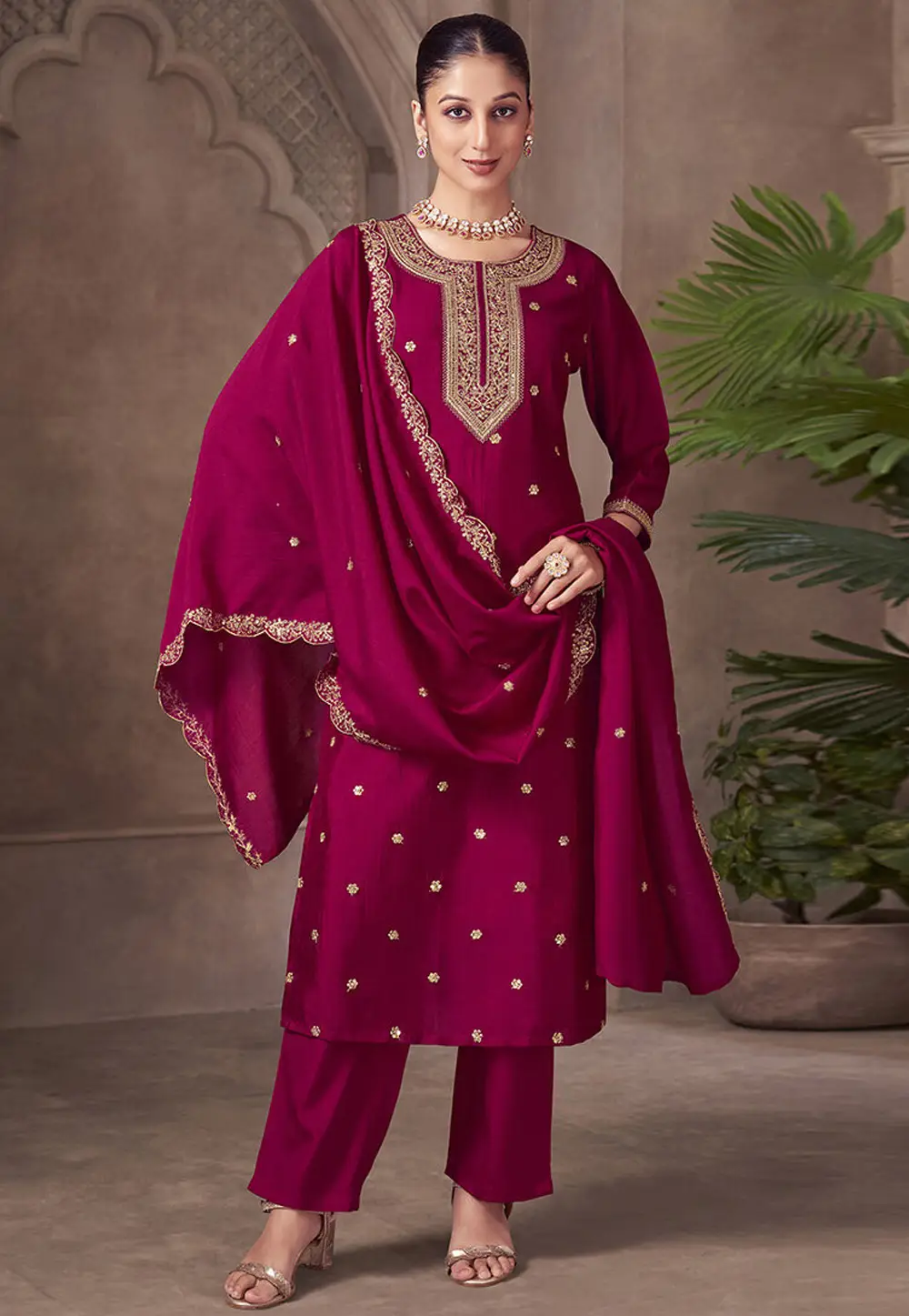 Magenta Silk Readymade Pant Style Suit 334207