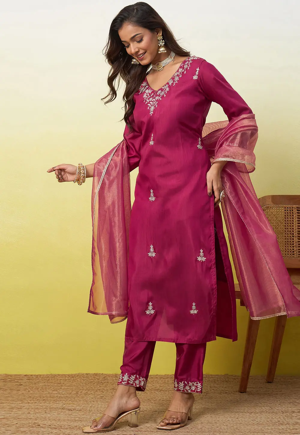 Magenta Silk Readymade Pant Style Suit 333786