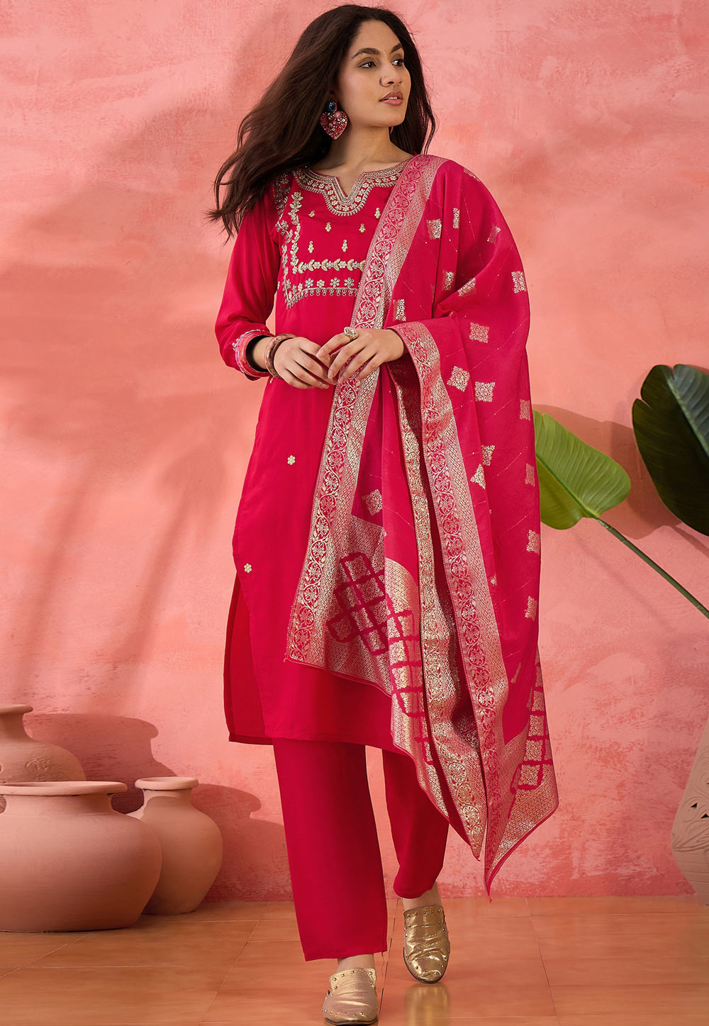 Magenta Silk Readymade Pant Style Suit 308389