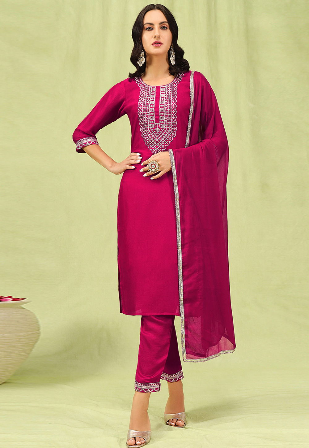 Magenta Silk Readymade Pant Style Suit 310855