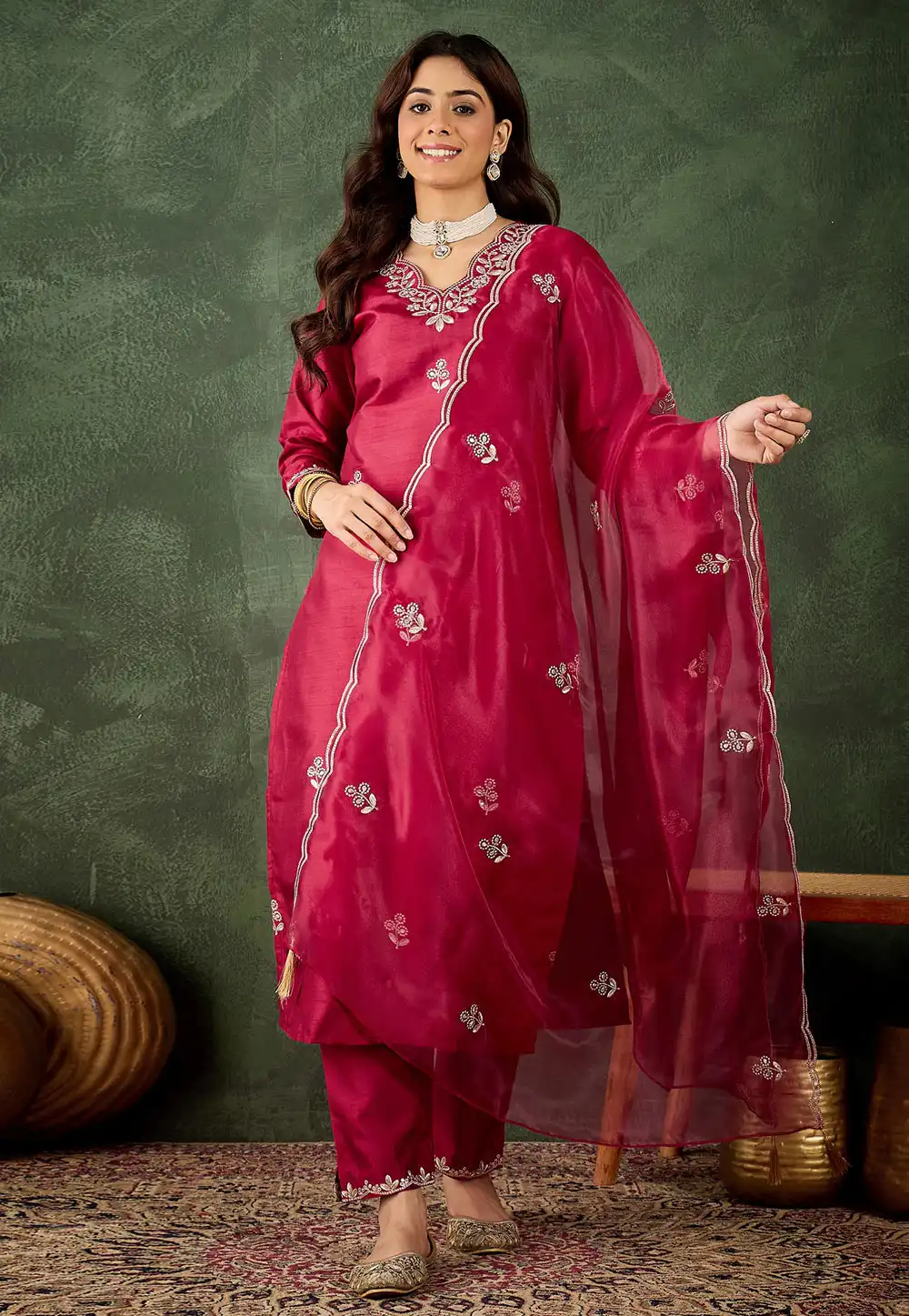Magenta Silk Readymade Pant Style Suit 314335