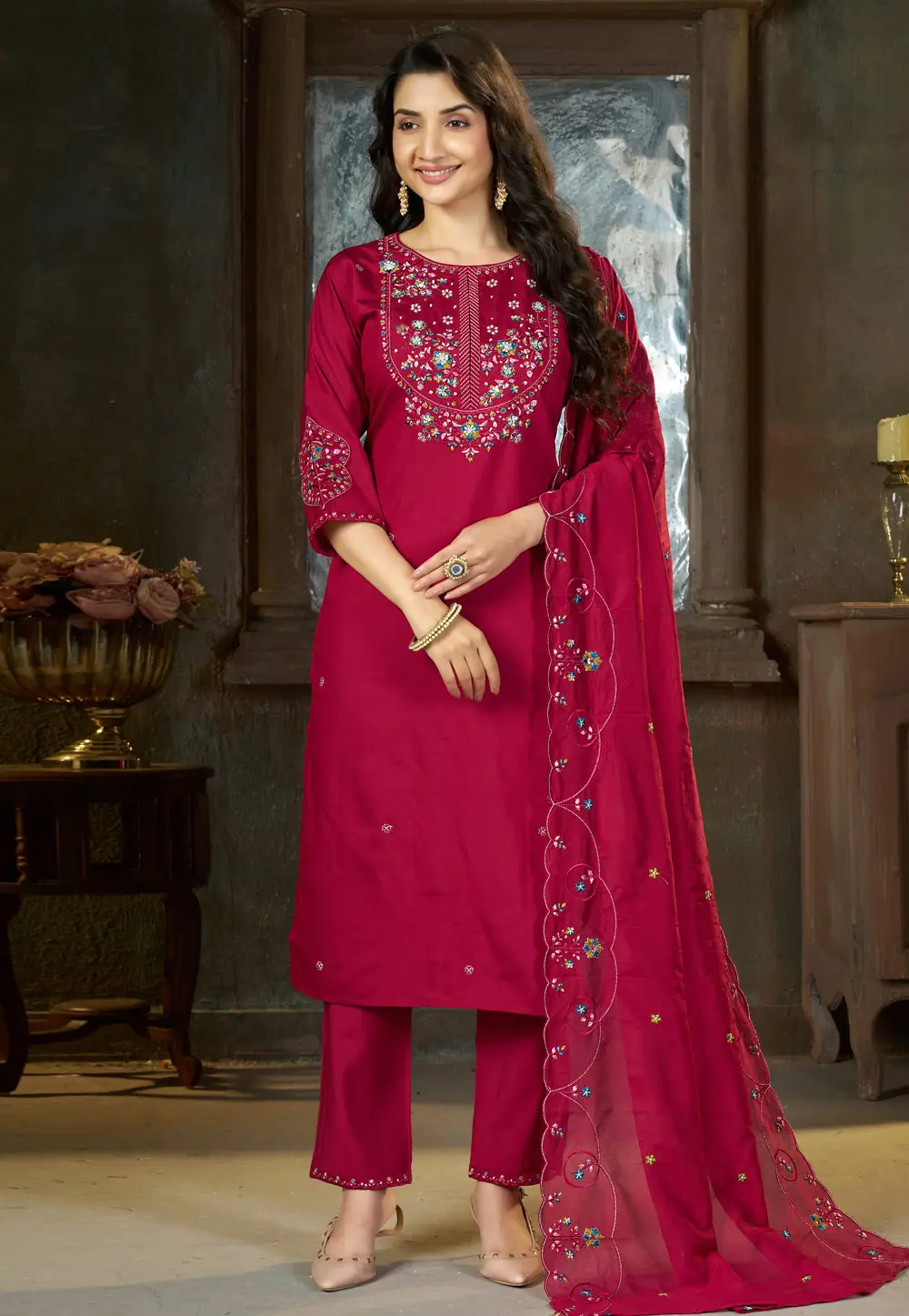 Magenta Silk Readymade Pant Style Suit 335027