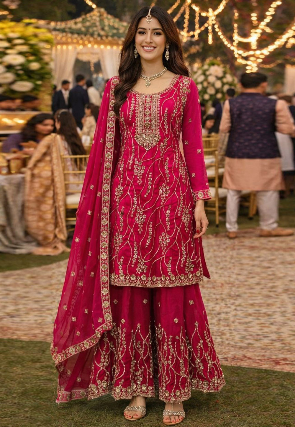 Magenta Silk Readymade Sharara Suit 327981
